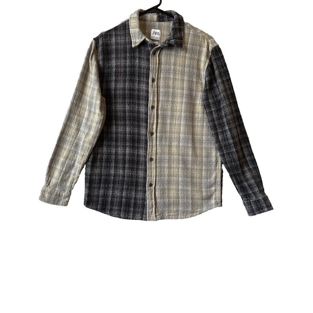 Zara Black Gray Split Plaid Relaxed Fit Button Up Flannel Shirt M Y2K 90s Grunge